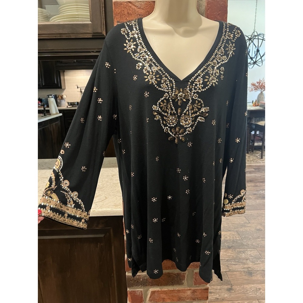 Chico's Sequin Embellished Tunic Top V Neck Long Sleeves Black Gold Sz 2(L)